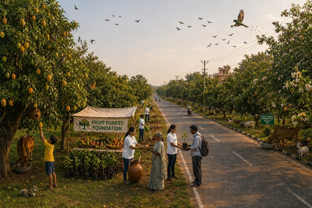 FruitForest Foundation roadside plantation with community members and wildlife